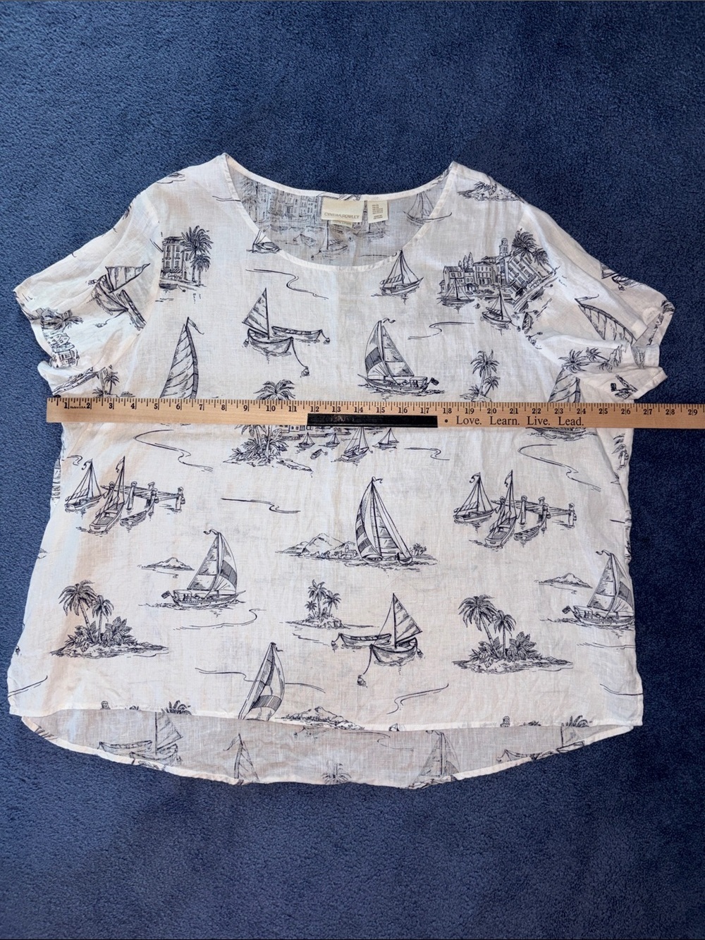 Cynthia Rowley White & Navy Sailboat Print Linen Short-Sleeve Top